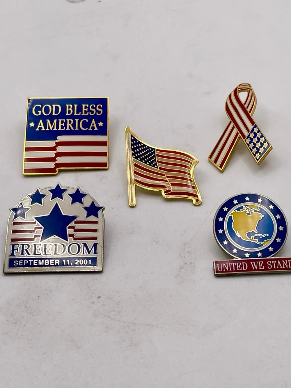 Vintage Patriotic 911 Remembrance Lapel Pin Set 5pc God Bless America Freedom